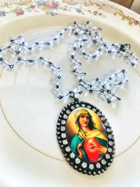 Mary Religious Crystal Beaded Chain Necklace