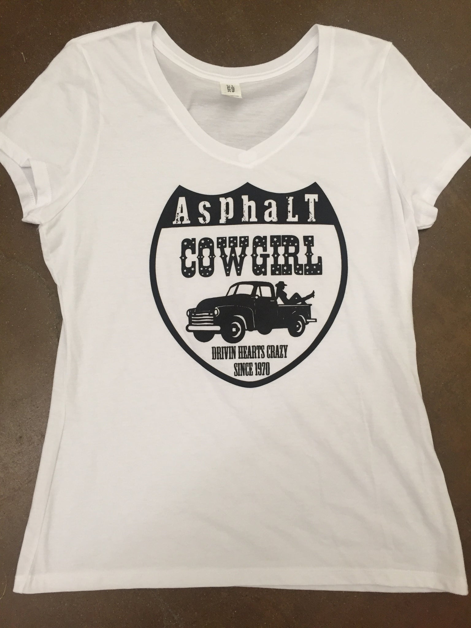 Asphalt Cowgirl White Vneck tee