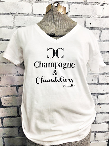 Champagne & Chandeliers White Vneck Tshirt