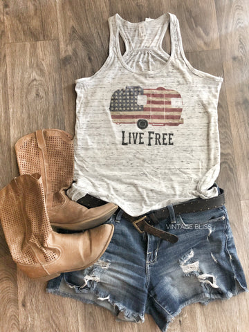 Live Free Racerback White/Grey Blizzard Tank